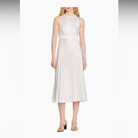 Sandro white Jolie Pleated Midi Dress NWT size 40/ us 8 - Picture 1 of 11